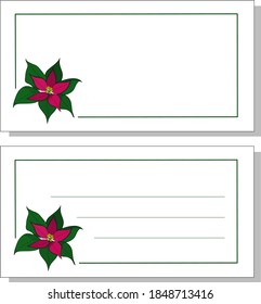 
Simple Christmas greeting card with thin frame and vector pounsettia image. Horizontal format. Pink and green winter plant, festive spirit.