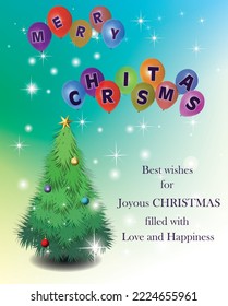 Simple Christmas greeting card wishes fir tree stars balloons gradient background digital card for print