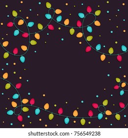 Simple Christmas Holiday Greeting Card Template with Colorful Garland of Lights 