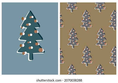 Simple Christmas Holidays Card and Seamless Vector Pattern with Green and Gray Christmas Trees isolated on a Gold and Blue Background. Woodland Party Print. Modern Winter Forest Repeatable Design.