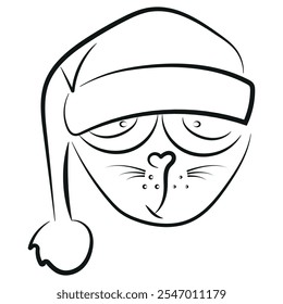 simple christmas icon of a sad cat in a santa claus hat in line art style