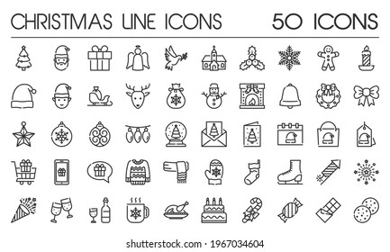 Simple Christmas icon set in outline style. Merry Christmas Symbol Vector Illustration. Santa Claus, Pine Tree, Ornaments, Snowflakes, Gifts. The icon design is suitable for mobile apps, ui ux designs