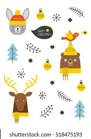 simple christmas illustrations with a reindeer, a bunny, a bear and christmas decoration