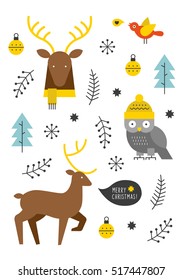 simple christmas illustrations with a reindeer, an owl and christmas decoration