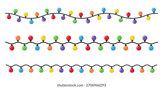 Simple Christmas lights borders in flat style. Vector design of colorful string lightbulb garland. Holiday decorative element for xmas and birthday greeting cards, invitations, banners, posters
