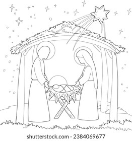 Simple a Christmas nativity scene coloring cartoon, with baby Jesus, Mary and Joseph. 3
