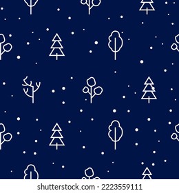 Sencillos antecedentes de Navidad y Año Nuevo con dibujos en línea blanca de diferentes árboles. Plantilla para paquetes de vacaciones, papel regalo, mensajes e historias en medios sociales plantillas