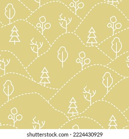 Simple Christmas and New Year background with white line drawings of different trees. Template for holiday packaging, gift paper, messages and social media stories templates