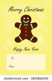 Simple Christmas and New Year greeting card with gingerbread image on light yellow background