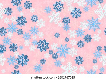 Simple Christmas and new year seamless pattern, Colorful snowflakes line illustration. Vector icons of winter holidays, cold season snowfall. Celebration party. On Pink background.