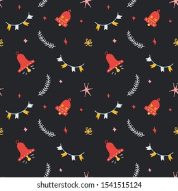 Simple christmas pattern background with ringing bell christmas trees and stars, hand drawn scandinavian style backdrop. Good for wrapping paper, gift card or textile print.