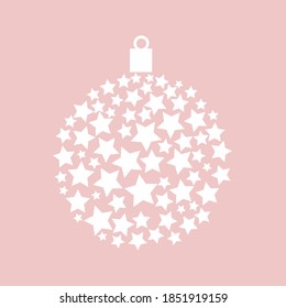 Einfaches Weihnachtsmuster. Weihnachtsball der Sterne. Weich rosafarbener Hintergrund. Urlaubstext für Textilien und Tapeten.