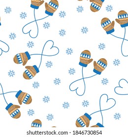 Simple Christmas pattern. Beautiful beige blue mittens and snowflakes. White background. Vector texture. Holiday print for packaging and textiles.