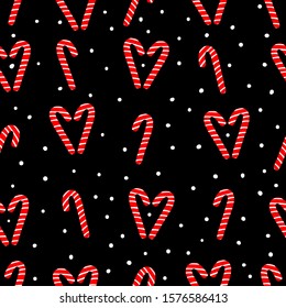 Simple Christmas pattern. Black background, sweet Christmas caramel cane, snow. The print is well suited for textiles, postcards and banners, packaging.