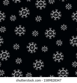 Simple Christmas pattern. Black background, white large and small snowflakes. The print is well suited for textiles, banners and postcards, packaging.