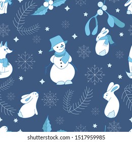 Simple christmas pattern in blue color palette, Cute cartoon style  snowman, rabbits and fox.