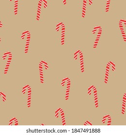 Simple Christmas pattern. Cute caramel canes. Beige background. Vector texture. Holiday fashion print for packaging and textiles.