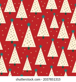 Simple Christmas pattern. cute white Christmas trees and snow, dots on a red background. Vector texture. Festive print for wallpaper and textiles.