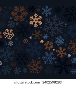 Simple Christmas pattern with geometric blue, golden snowflakes on dark blue background. Night Vector winter illustration