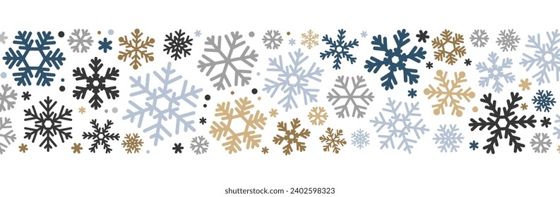 Simple Christmas pattern with geometric blue, golden, silver snowflakes on white background. Vector winter illustration