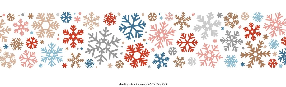 Simple patrón navideño con copos de nieve geométricos azul, dorado, rojo sobre fondo blanco. Ilustración de invierno de vectores