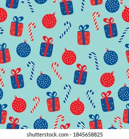 Simple Christmas pattern. Gifts, candy cane and Christmas balls. Blue background. Holiday Vector print pattern for packaging.