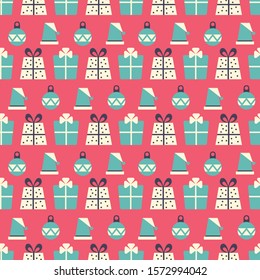 Simple Christmas pattern with gifts, Christmas trees toys on a red background.