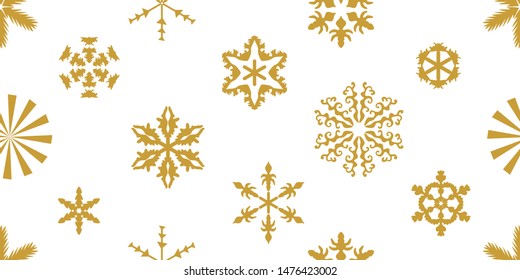 Simple Christmas pattern with golden snowflakes. Seamless print for winter decorations, gift wrappings, cards and posters.