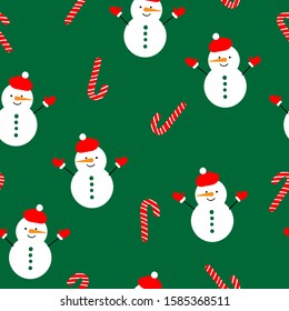 Simple Christmas pattern. Green background, cute snowmen and candy cane. The print is well suited for textiles, banners and postcards.