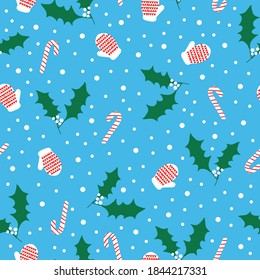 Simple Christmas pattern. Holly, caramel cane, mittens and snow. Blue background. Vector texture. Holiday print for Wallpaper and textiles.