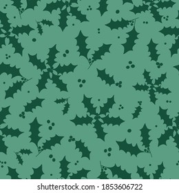 Simple Christmas pattern. Holly plants . Green background. Vector texture. Holiday print for Wallpaper and textiles.