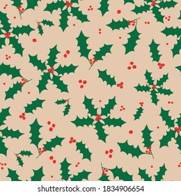 Simple Christmas pattern. Holly tree . Pale beige background. Vector texture. Cute print for Wallpaper.