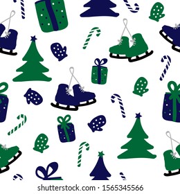Simple Christmas pattern. Light background, green Christmas trees, blue skates and mittens, gifts. The print is well suited for textiles, Wallpaper, banner, packaging and postcards.