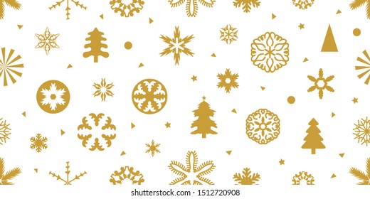 Simple Christmas Pattern. Mix of golden festive elements on white background. Template for gift wrappings and cards.