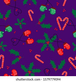 Simple Christmas Pattern. Purple Background, Cute Green And Red Mittens, Candy Cane And Holly . The Print Is Well Suited For Wallpaper, Textiles, Banner And Packaging, Postcards.