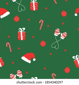 Simple Christmas pattern. Red Santa hat, candy cane and gifts. Green background. Vector texture. Holiday print for packaging and Wallpaper.