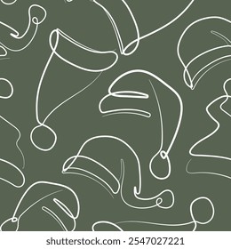 simple christmas pattern of various santa claus hats on green background in line art style