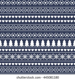 Simple Christmas pattern - Xmas trees, hearts, snowflakes on blue background. Seamless Christmas background, card - Scandinavian sweater style. Design for textile, wallpaper, web, fabric, decor etc.
