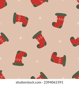 Simple christmas red sock seamless pattern. Christmas and New Year concept. Hand drawn beige vector texture for wallpaper, prints, wrapping, textile