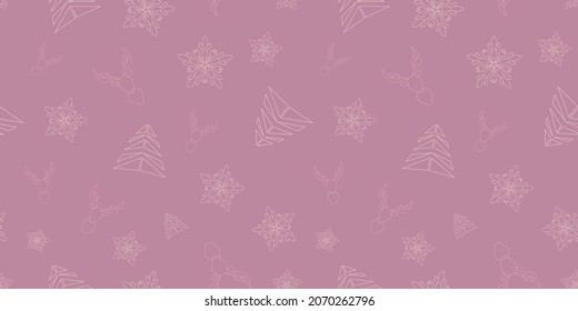 simple christmas reindeer pattern with geometric deer, snowflakes, snow and christmas trees on vintage retro soft pink background. winter holiday wallpaper vector