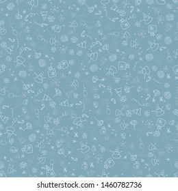 Simple christmas seamless background with hand drawn snowfakes,presents, lollipop,snowman and christmas tree for wrapping, poster, postcard,greeting card,textile,banner