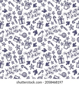 Simple christmas seamless background pattern in doodle style with garland, star, ball, gift, cup and candy cane. Blue elements on white. Good for Christmas and New Year's wrapping paper and textiles.