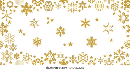 Simple Christmas seamless background with trendy geometric motifs. Golden snowflakes with different ornaments. Retro design collection.