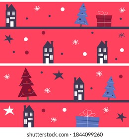 Simple Christmas seamless bright house, tree and gift pattern. Background can be used for wallpapers, pattern fills, web page backgrounds, surface textures