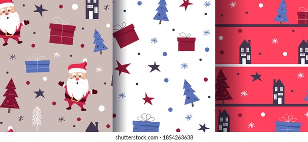 Simple christmas seamless bright patterns set. Background can be used for wallpapers, pattern fills, web page backgrounds,surface textures.