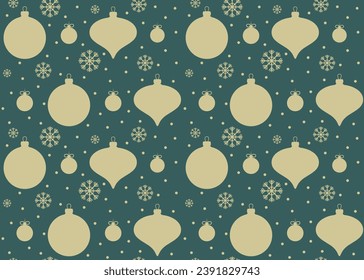 Simple christmas seamless in craft cartoon style. Vintage beige decorations and snowflakes on green background. Cute vector illustration in retro colors.