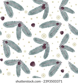 Simple christmas seamless in craft cartoon style. Pattern with Christmas tree branches, cones, snowflakes and snow on white background.Vector illustration in green and gold colors.