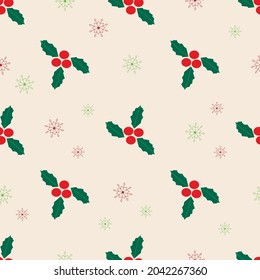 Simple Christmas seamless pattern. Christmas background with berries, leaves and snowflakes. Vector illustration. Design for packaging, poster, cover, scrapbooking.