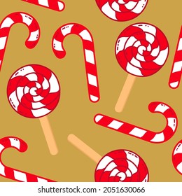 Simple Christmas seamless pattern with candy. Lollipops swirls with striped red and white ornament on gold background.