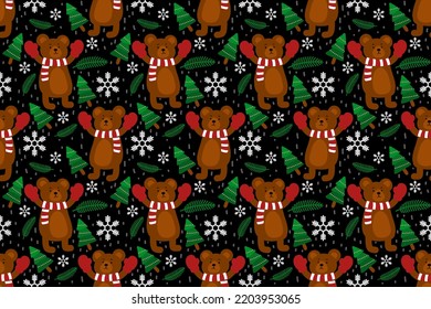 Simple Christmas seamless pattern with cartoon motifs. Snowflakes spruce branches, Christmas leaves, Christmas trees ornaments. Holiday event pattern background.